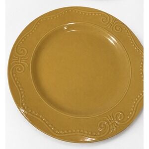 ISABELLA By Kennex Set of 6 Dinner Plates Mustard Embossed‎ Scroll & dot Rim